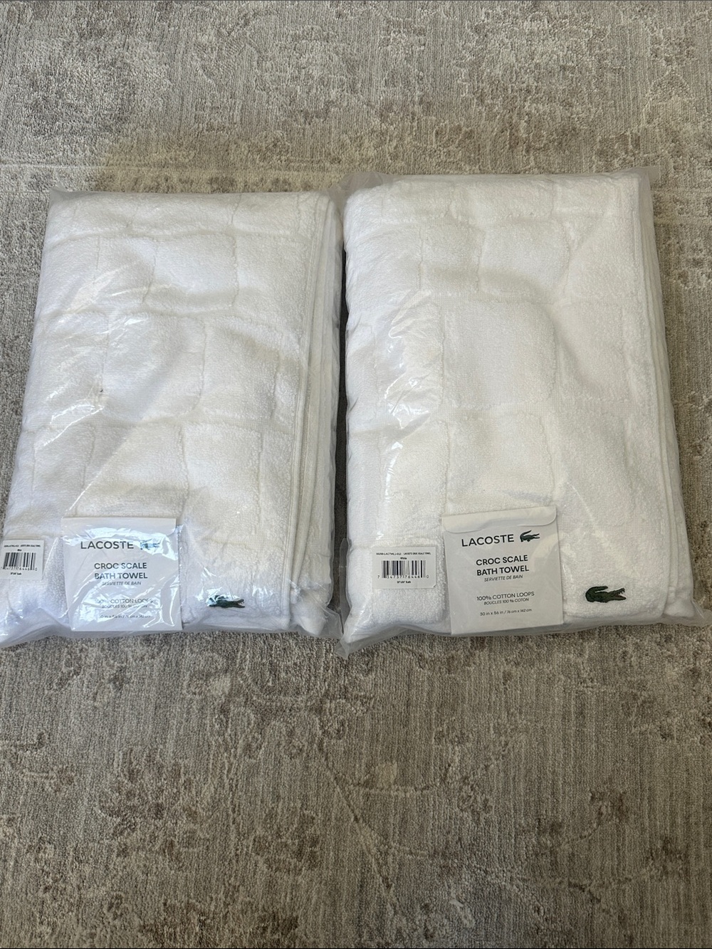 Lacoste Home Heritage Croc Scale Cotton White Bath Towel, 30" x 56. Set of two.